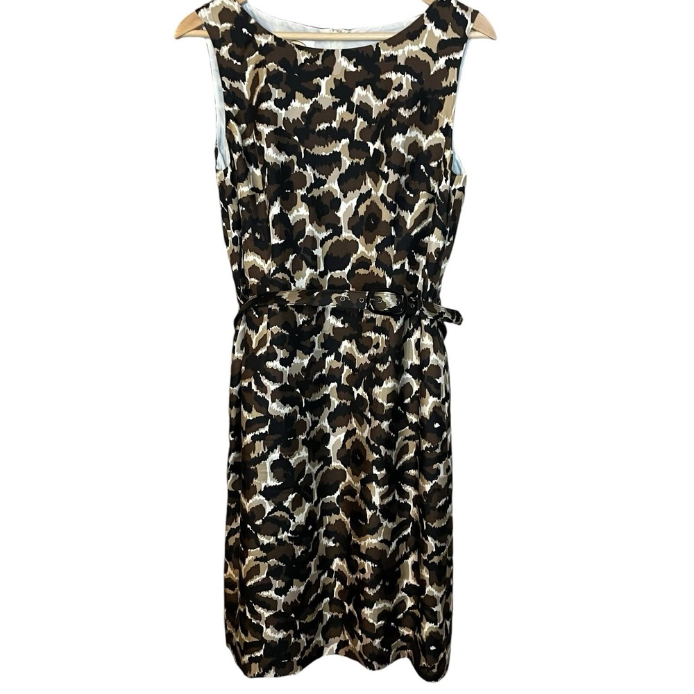 Talbots Silk Sheath Dress Women 8P Brown Leopard Belted Excellent Sleeveless